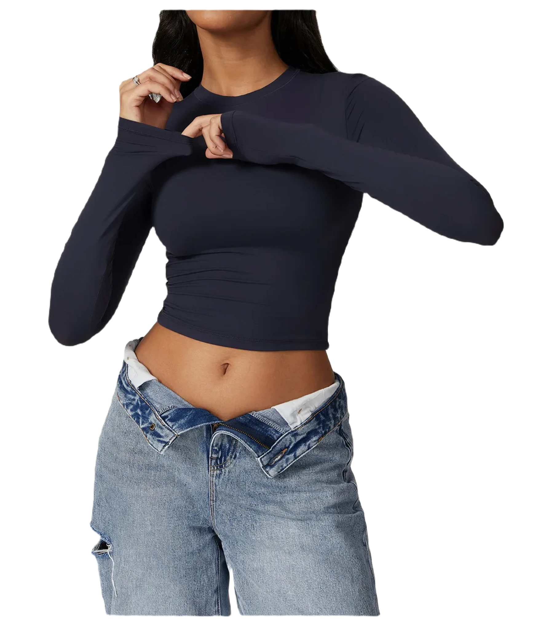 Xooie Fit women's fitted long-sleeve shirt in navy with a cropped design, perfect for casual wear