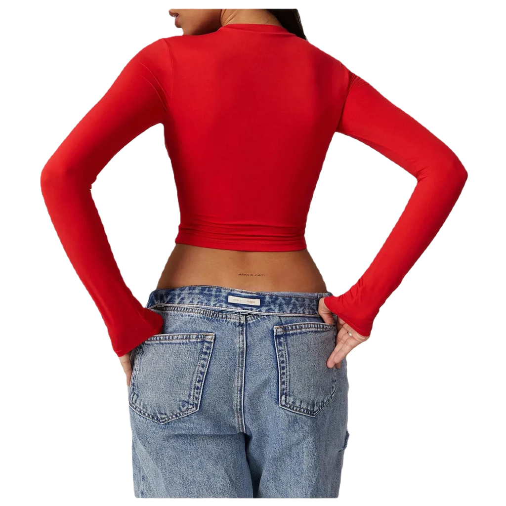 Xooie Fit women's fitted long-sleeve shirt in red with a flattering back design