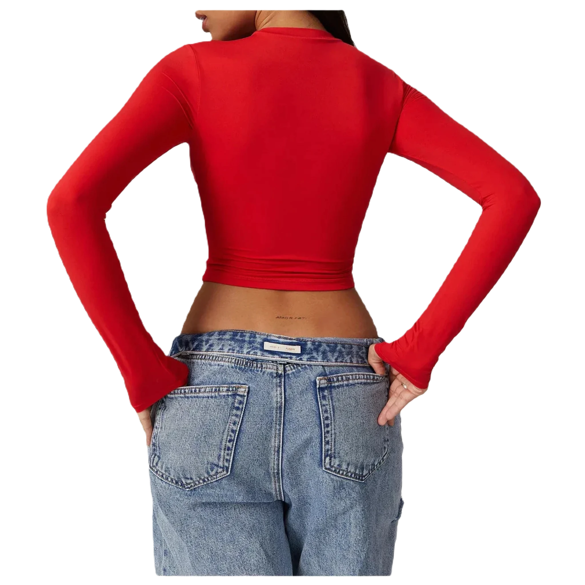 Xooie Fit women's fitted long-sleeve shirt in red with a flattering back design