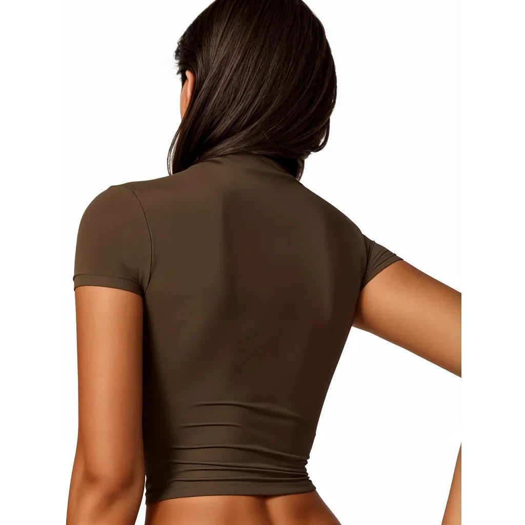 Xooie Fit women's fitted workout top in olive green with short sleeves and a sleek design