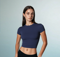 Stretchy fitted active T-shirt in navy blue, short sleeves, crew neck