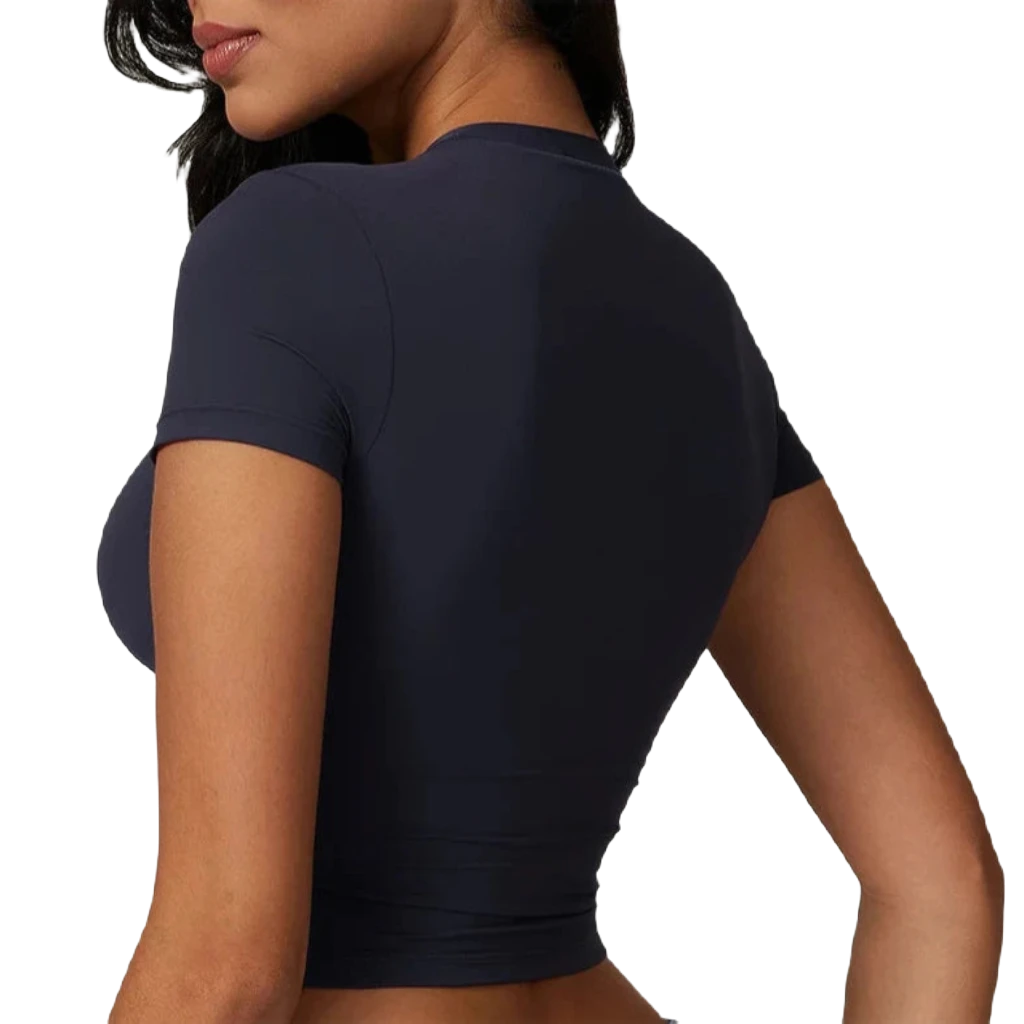 Xooie Fit women's fitted workout top in navy blue with a sleek design and short sleeves