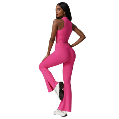 Xooie Fit women's flare leggings set in pink for a stylish and comfortable look