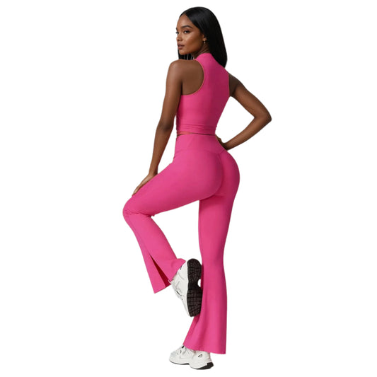 Xooie Fit women's flare leggings set in pink for a stylish and comfortable look