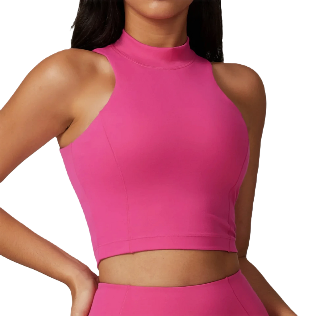 Xooie Fit women's high-performance active top in vibrant pink with a stylish high neckline