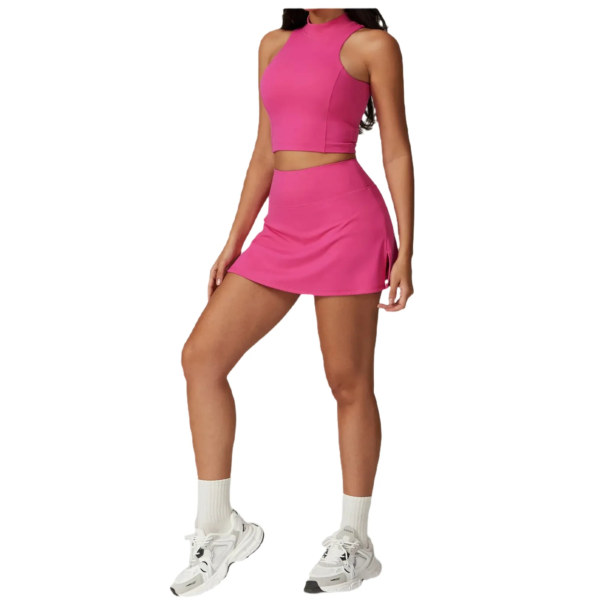 Xooie Fit women's high-performance active top in vibrant pink paired with a matching skirt for workouts