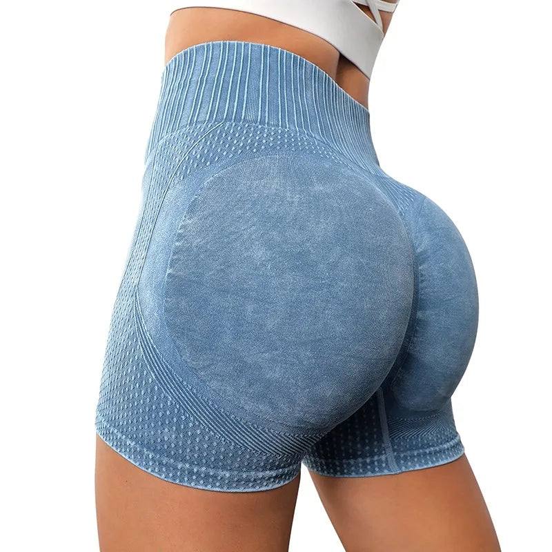 Xooie Fit women's high-waisted active shorts in blue with a supportive fit for workouts