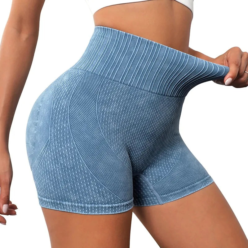 Xooie Fit women's high-waisted active shorts in blue with a comfortable stretchy waistband