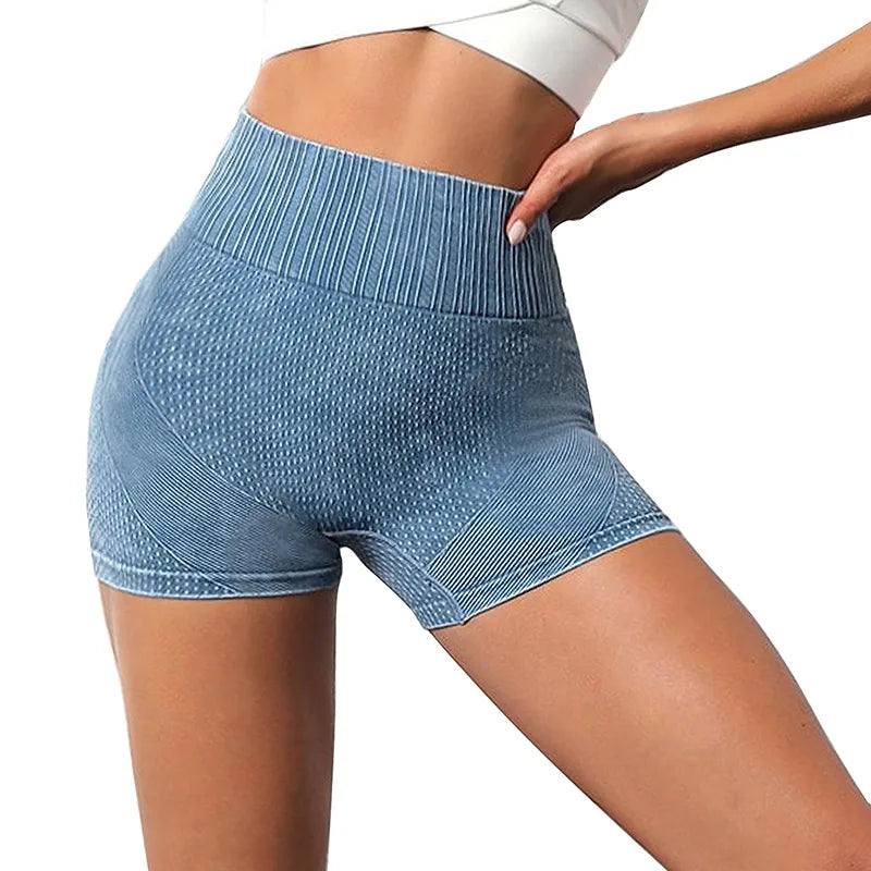 Xooie Fit women's high-waisted active shorts in blue with a sleek, breathable design
