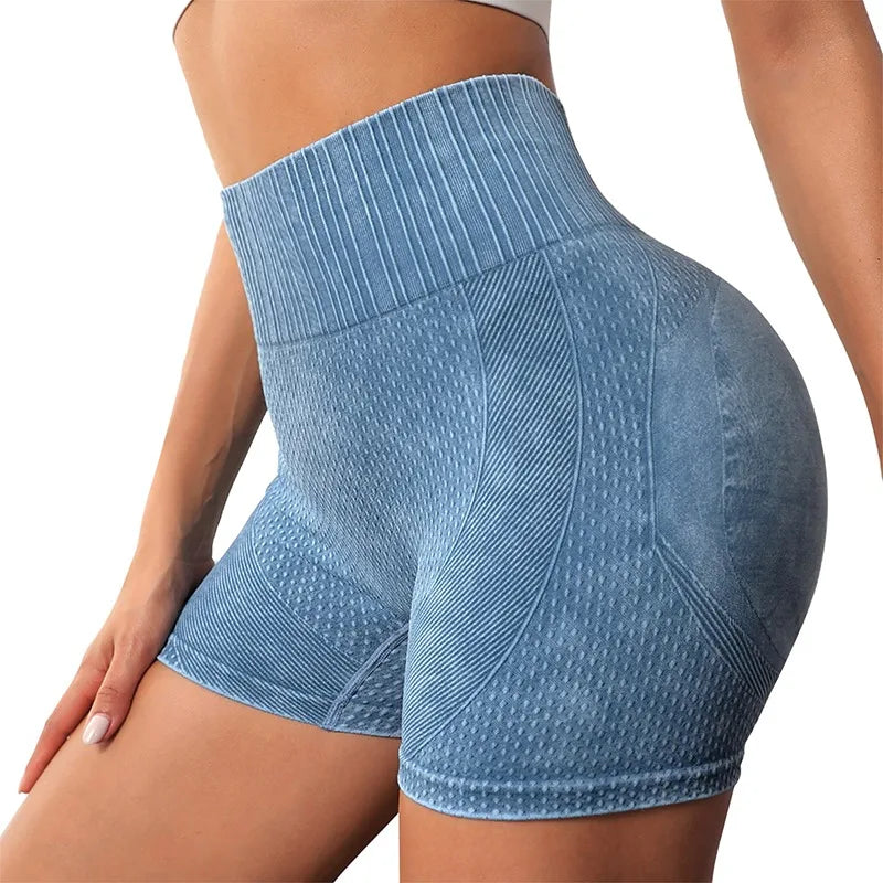 Xooie Fit women's high-waisted active shorts in blue with textured fabric for comfort and style