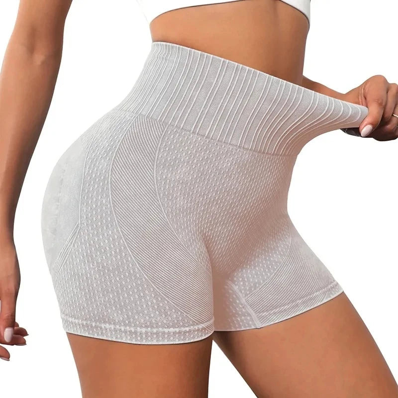 Xooie Fit women's high-waisted active shorts in light gray with textured fabric for comfort and style