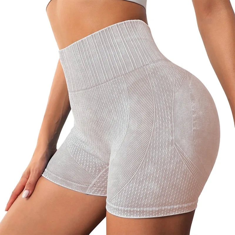 Xooie Fit women's high-waisted active shorts in light gray with textured design for comfort and style