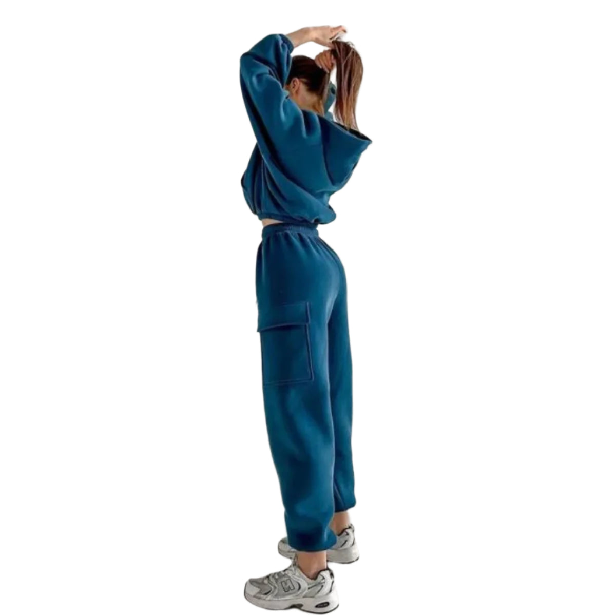 Women's jogger hoodie set in teal featuring a relaxed fit and adjustable hood for comfort