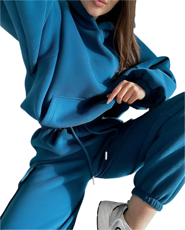 Xooie Fit women's jogger hoodie set in blue, featuring a relaxed fit and soft fabric for comfort