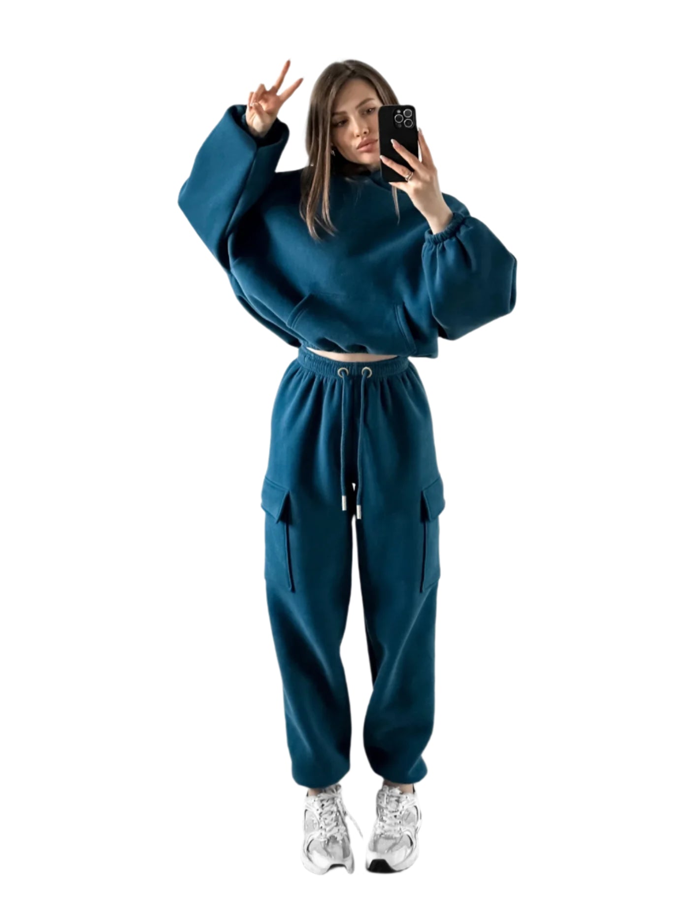 Women's jogger hoodie set in blue featuring a relaxed fit and adjustable hood for comfort front