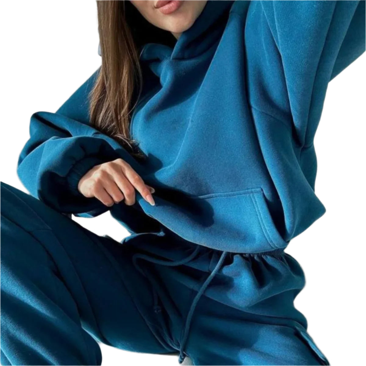 Women's jogger hoodie set in blue featuring a relaxed fit and adjustable hood for comfort