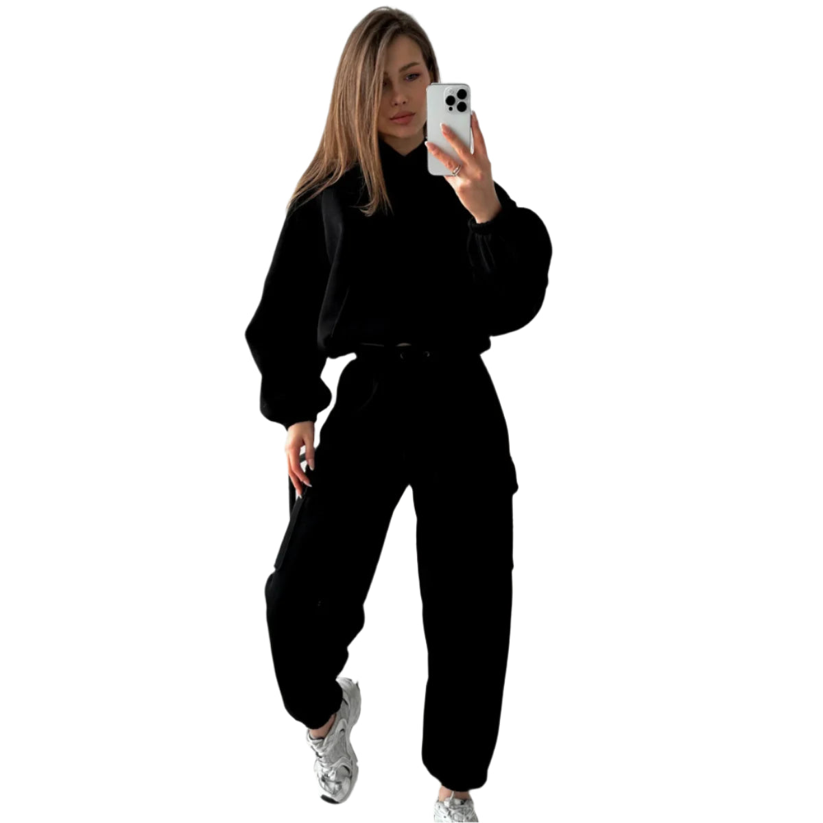 Women's jogger hoodie set in black featuring a relaxed fit and adjustable hood for comfort