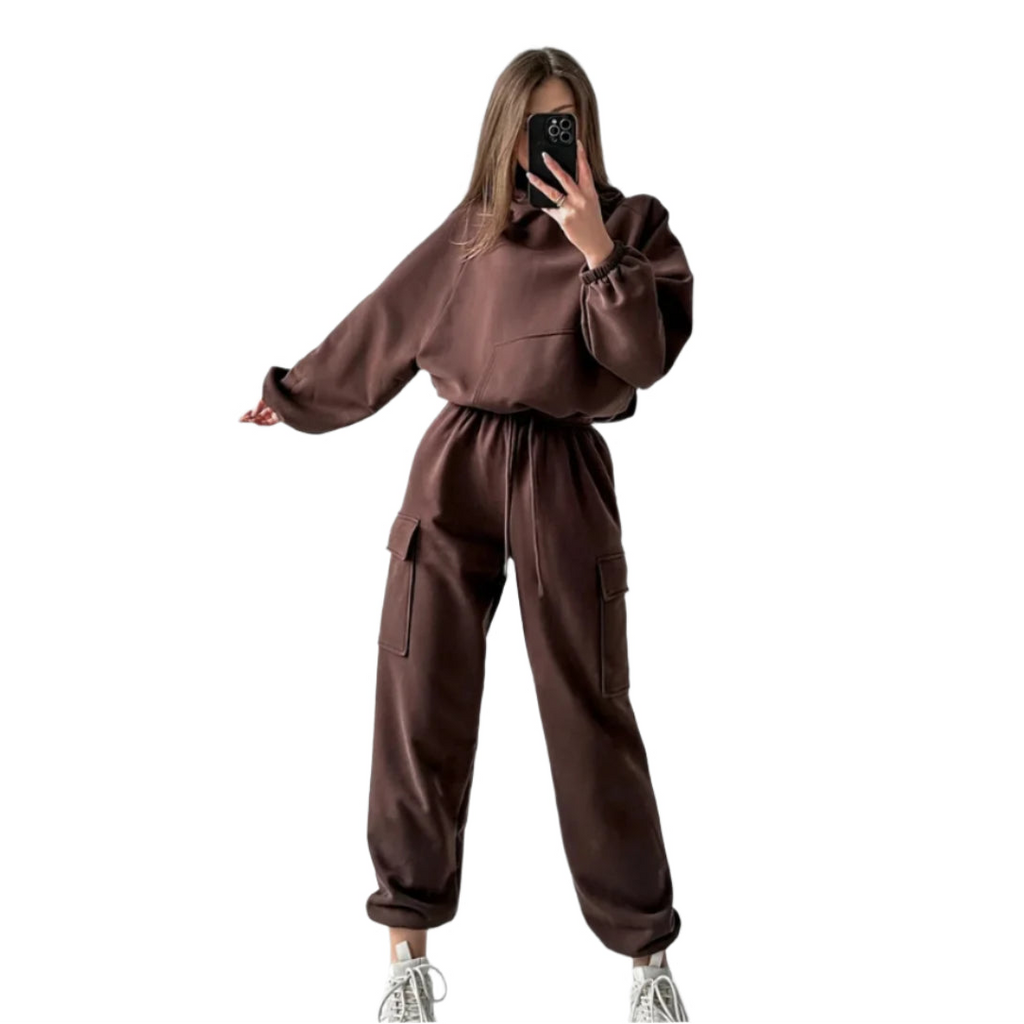 Xooie Fit women's jogger hoodie set in brown with relaxed fit and elastic waist for comfort