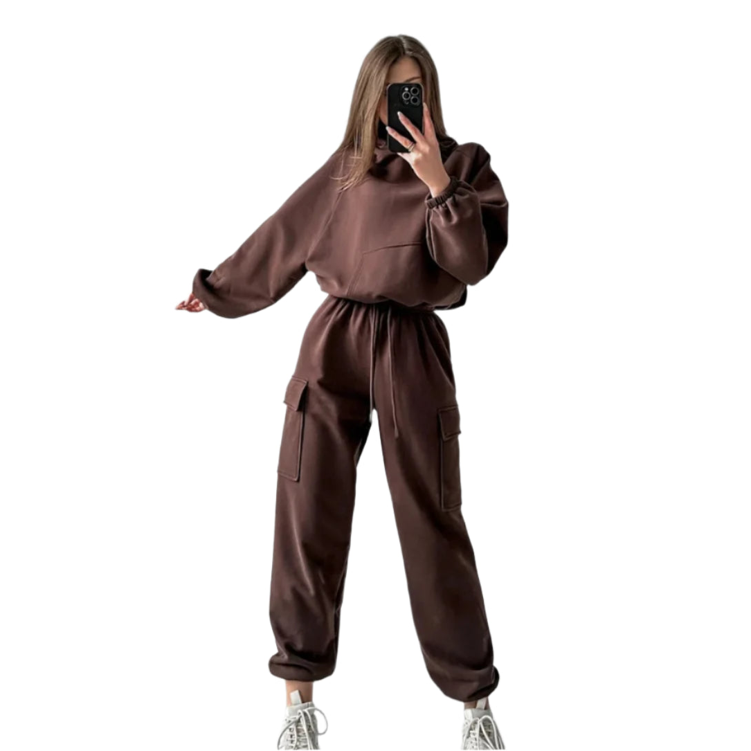 Xooie Fit women's jogger hoodie set in brown with relaxed fit and elastic waist for comfort