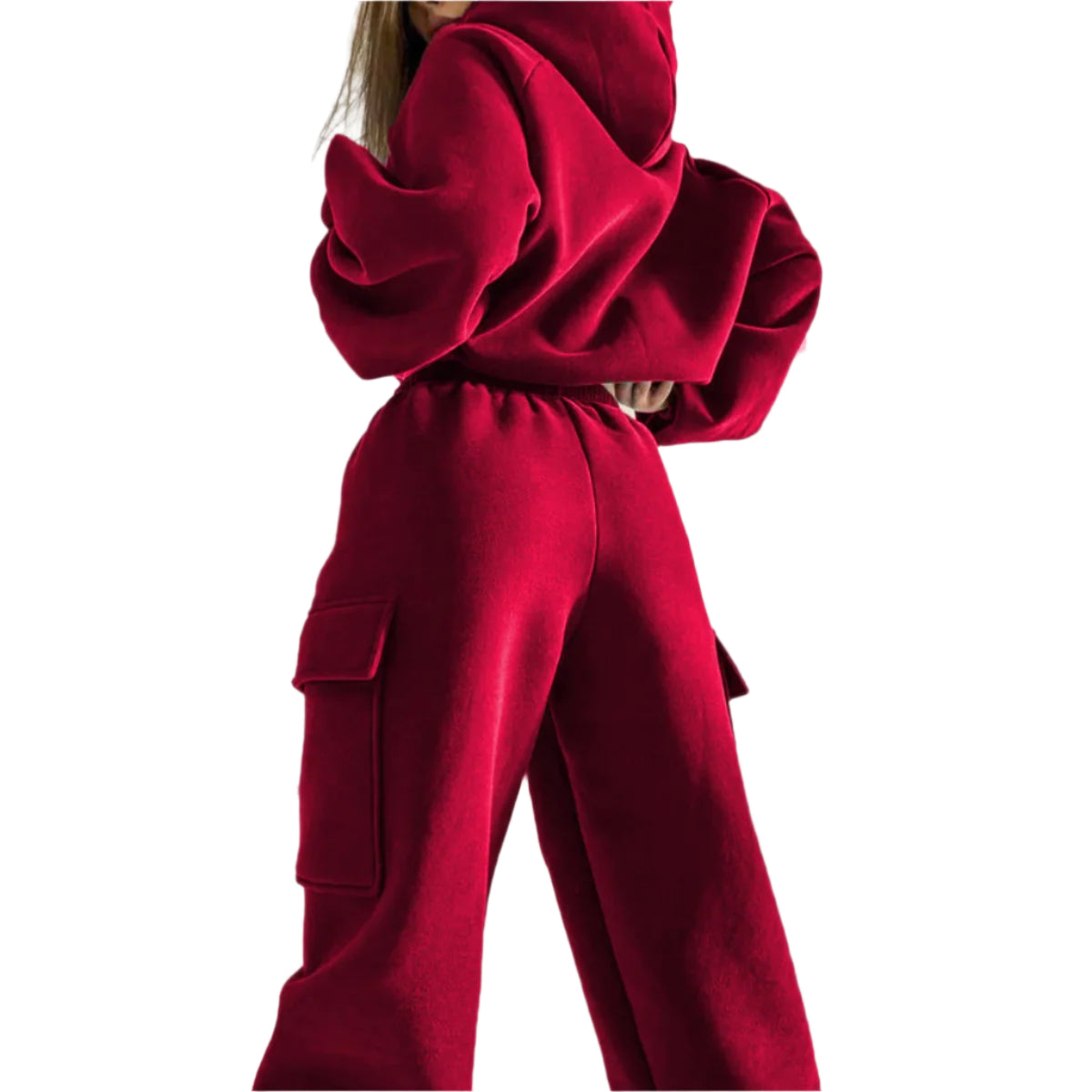 Stylish women's jogger hoodie set in red featuring a relaxed fit and soft fabric for comfort