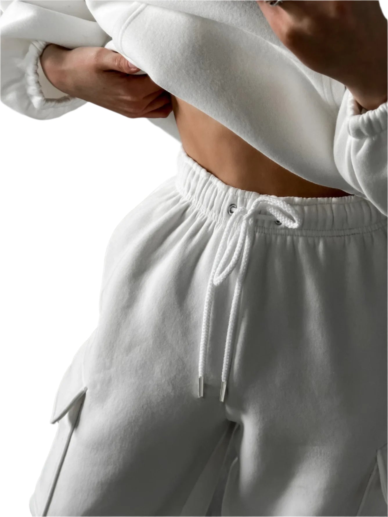 Xooie Fit women's jogger hoodie set in white featuring elastic waistband and soft fabric