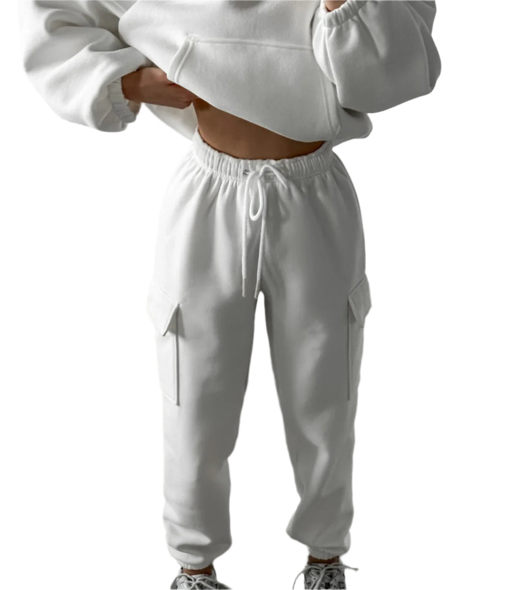 White women's jogger hoodie set from Xooie Fit featuring a cozy hoodie and comfy jogger pants
