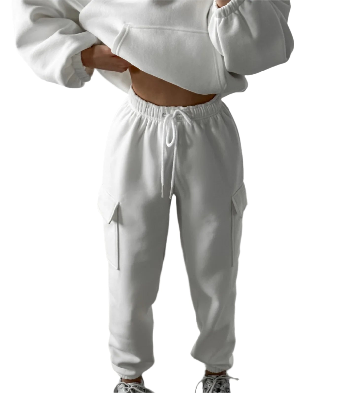 White women's jogger hoodie set from Xooie Fit featuring a cozy hoodie and comfy jogger pants