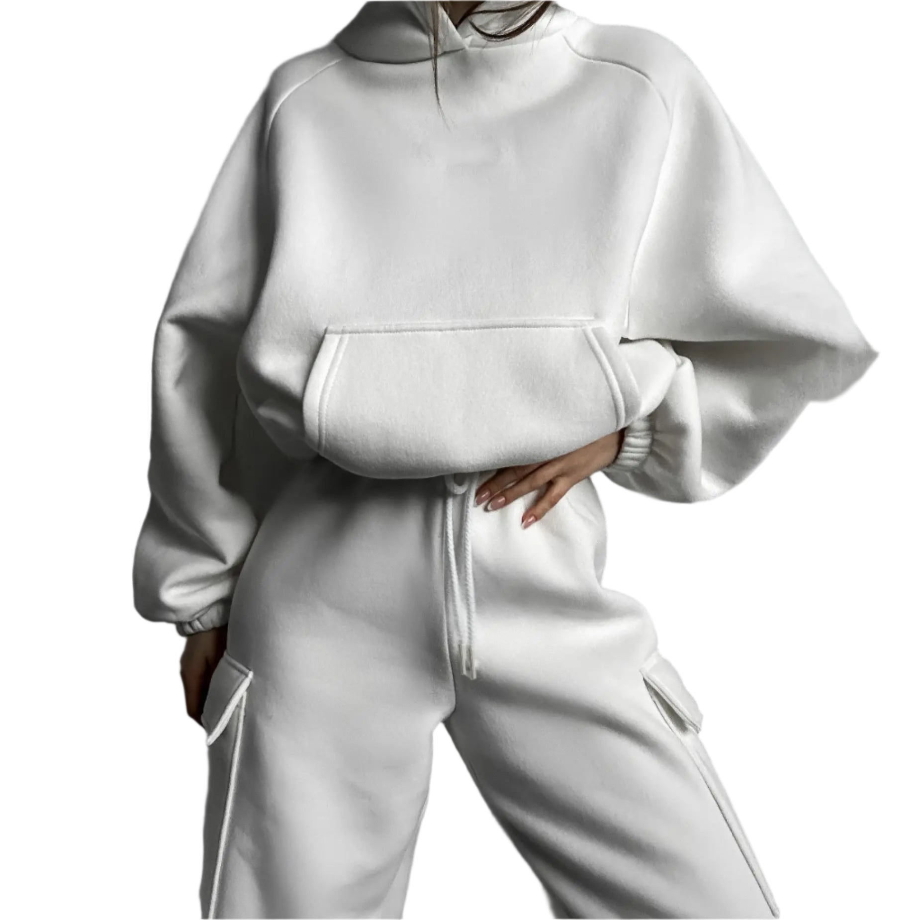 Xooie Fit women's jogger hoodie set in white featuring a cozy hood and stylish pockets