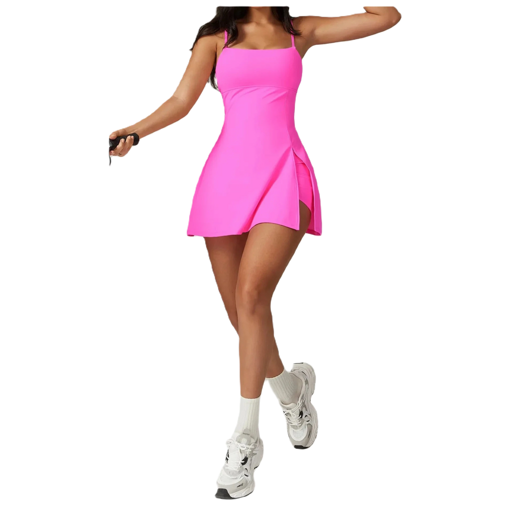 Xooie Fit women's pickleball dress in vibrant pink with stylish side slits for active performance