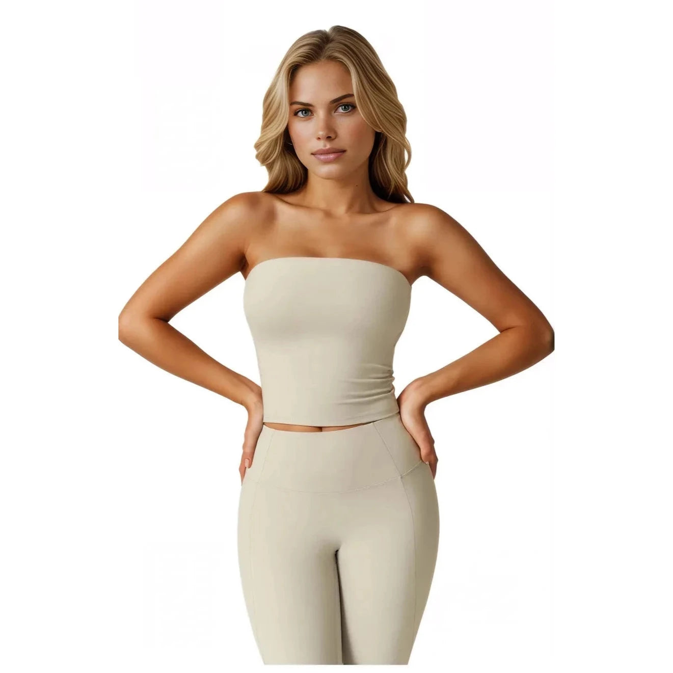 Xooie Fit women's two-piece workout set in beige with a strapless top and fitted leggings