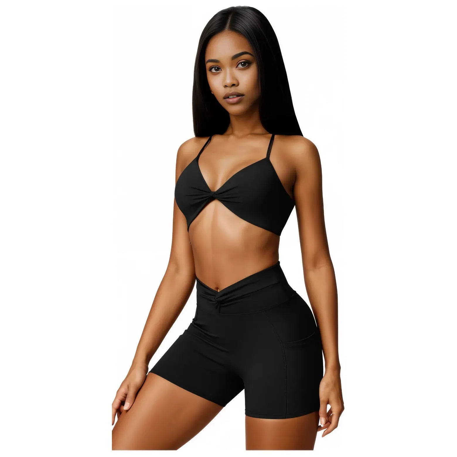 Xooie Fit women's two-piece workout set in black featuring a stylish crop top and high-waisted shorts