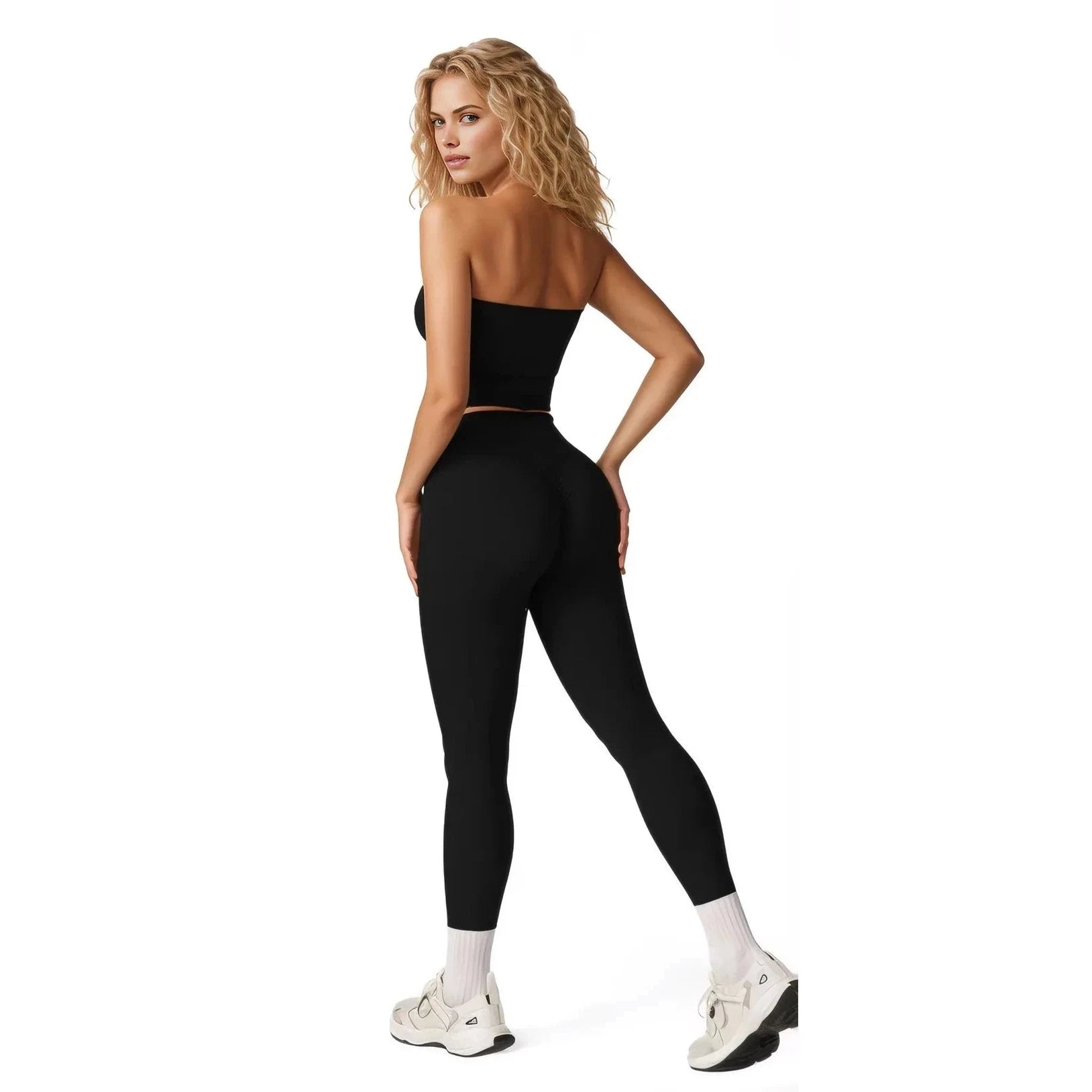 Xooie Fit women's two-piece workout set in black featuring a crop top and high-waisted leggings back