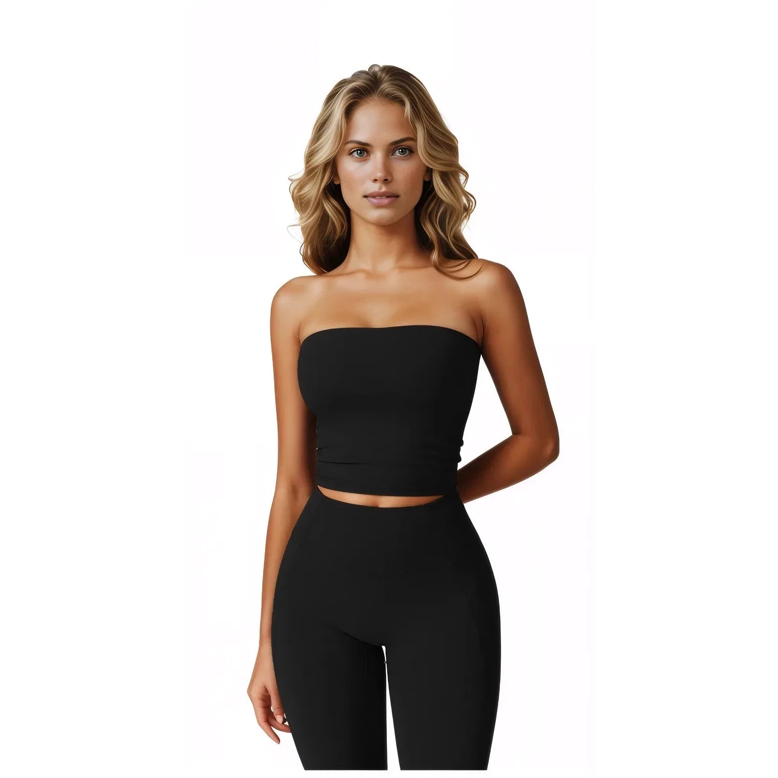 Xooie Fit women's two-piece workout set in black with a strapless crop top and high-waisted leggings