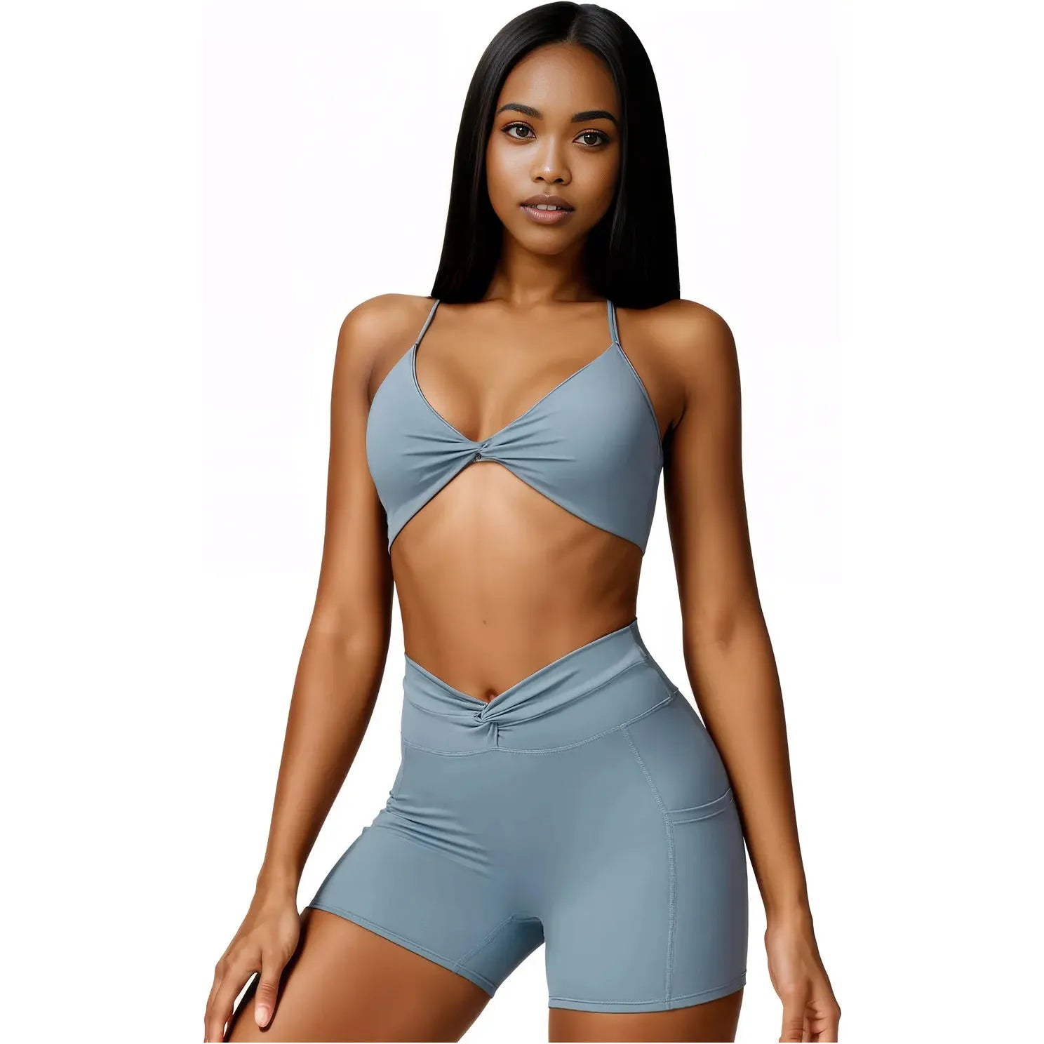 Xooie Fit women's two-piece workout set in stylish gray with a twist front top and matching shorts