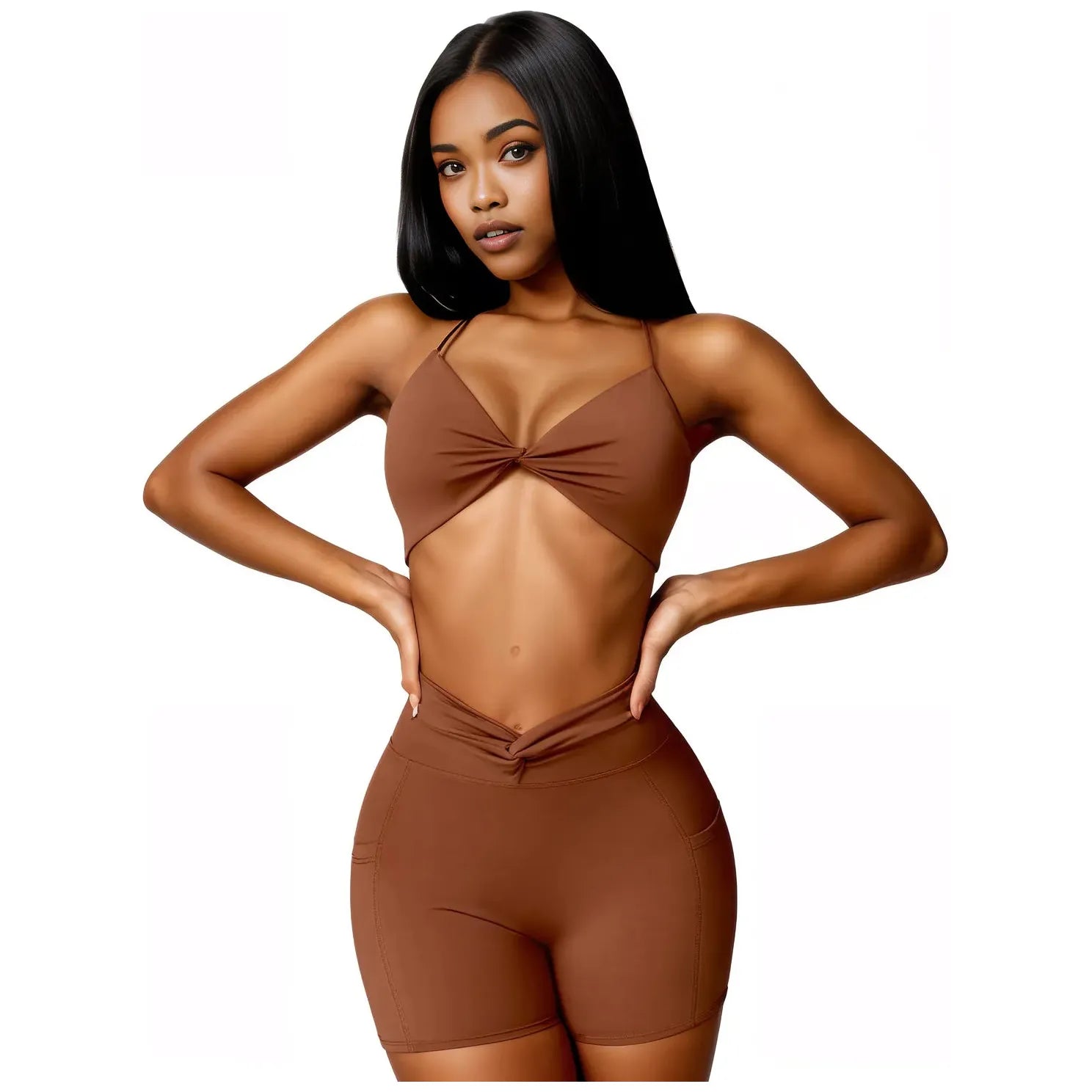 Women's two-piece workout set by Xooie Fit in brown with a stylish design and comfortable fit