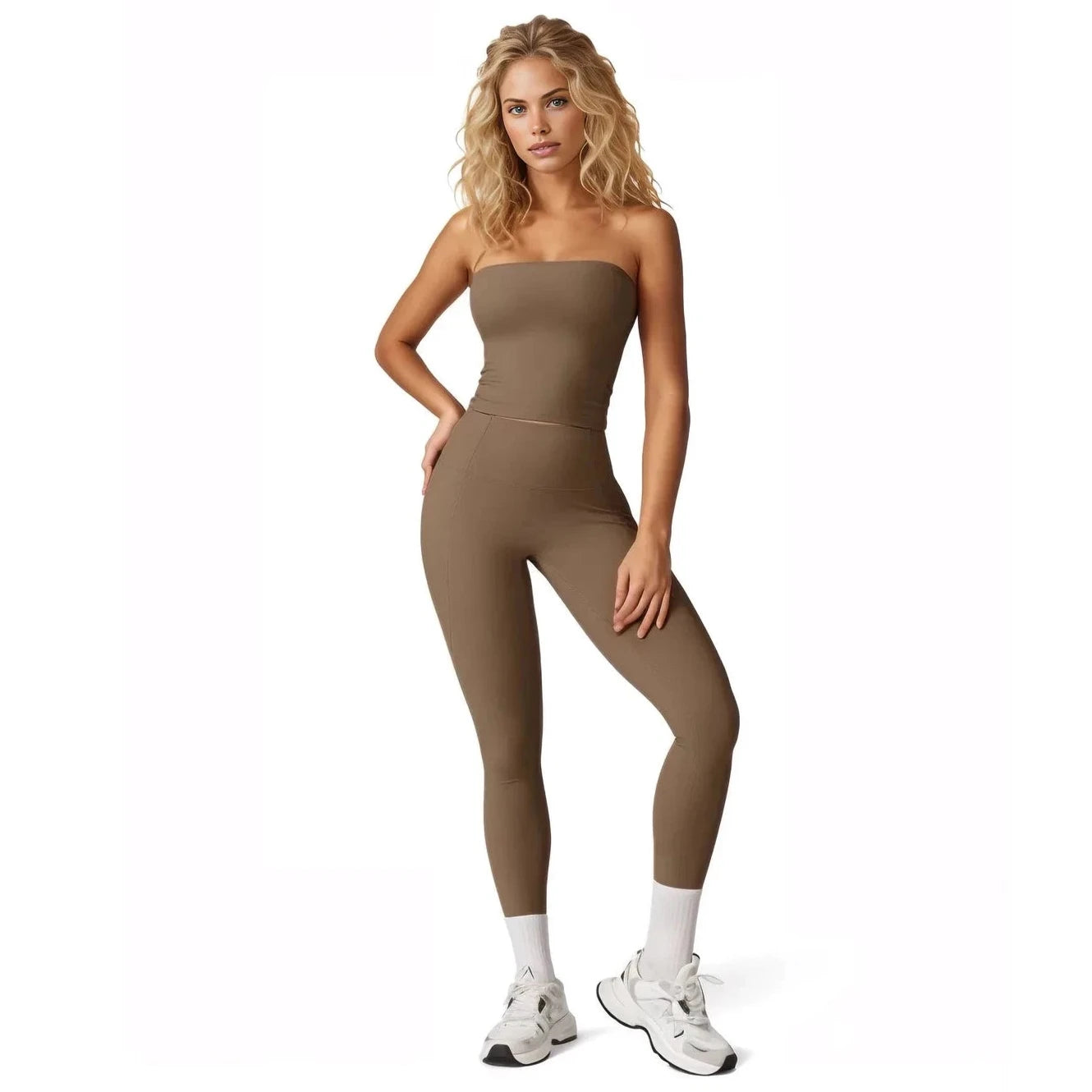 Stylish women's two-piece workout set in brown, featuring a strapless top and fitted leggings
