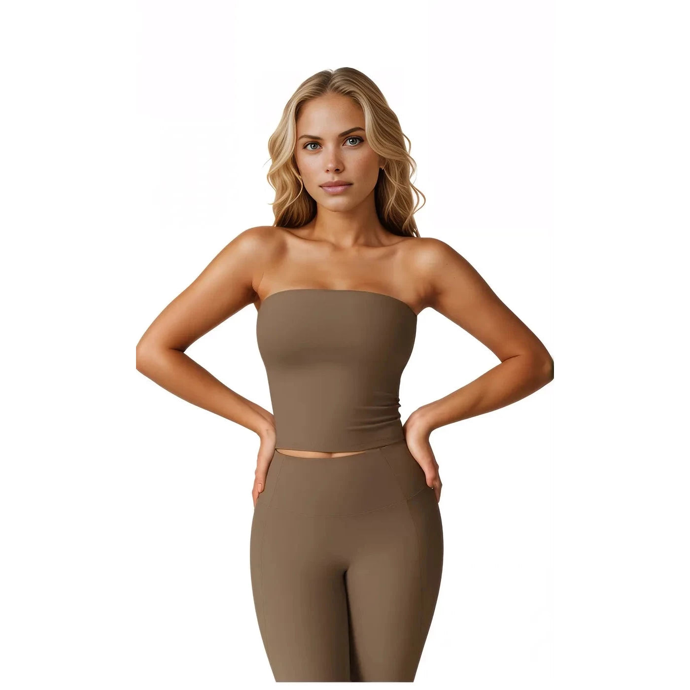 Xooie Fit women's two-piece workout set in brown featuring a strapless top and high-waisted leggings
