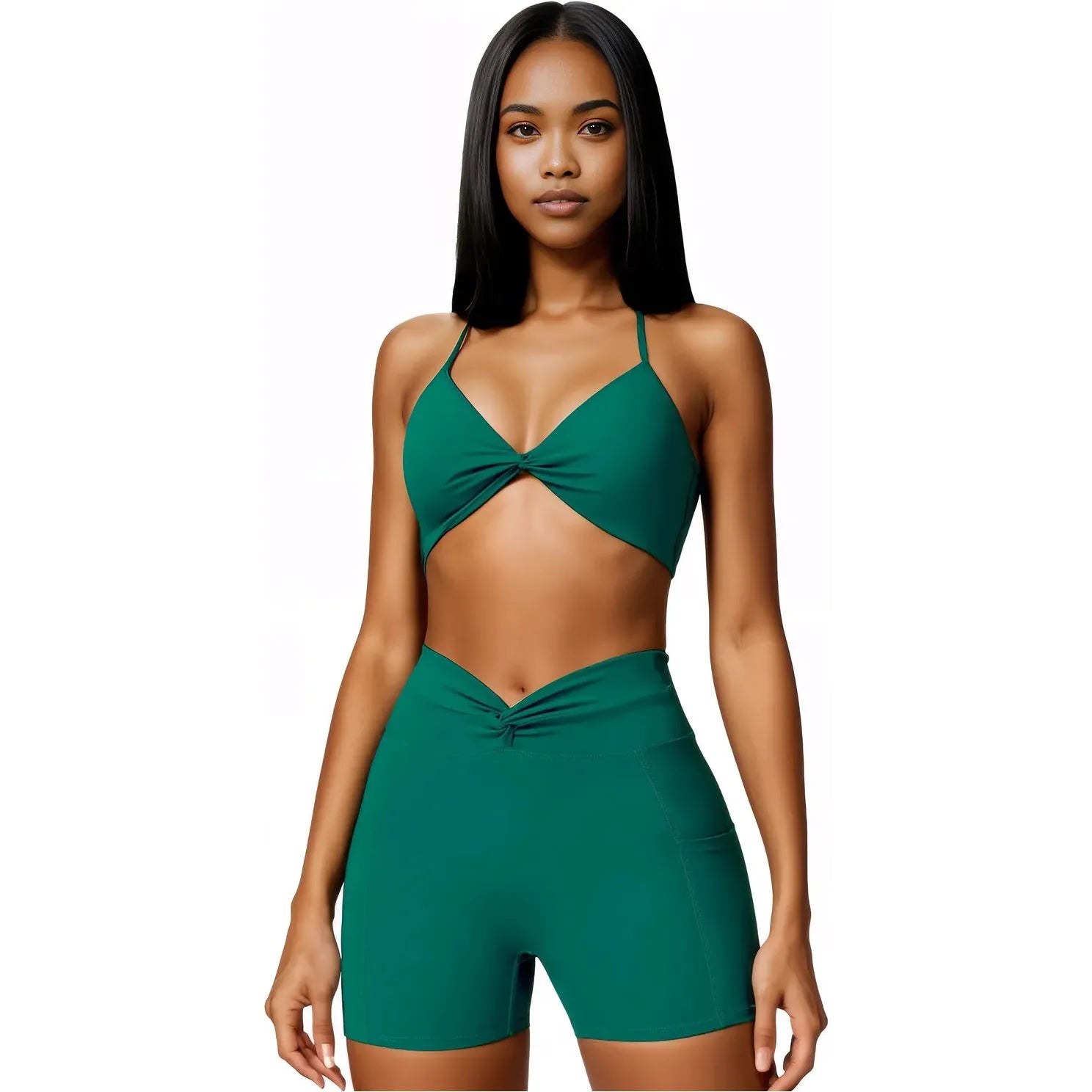 Xooie Fit women's two-piece workout set in green featuring stylish twist top and high-waisted shorts