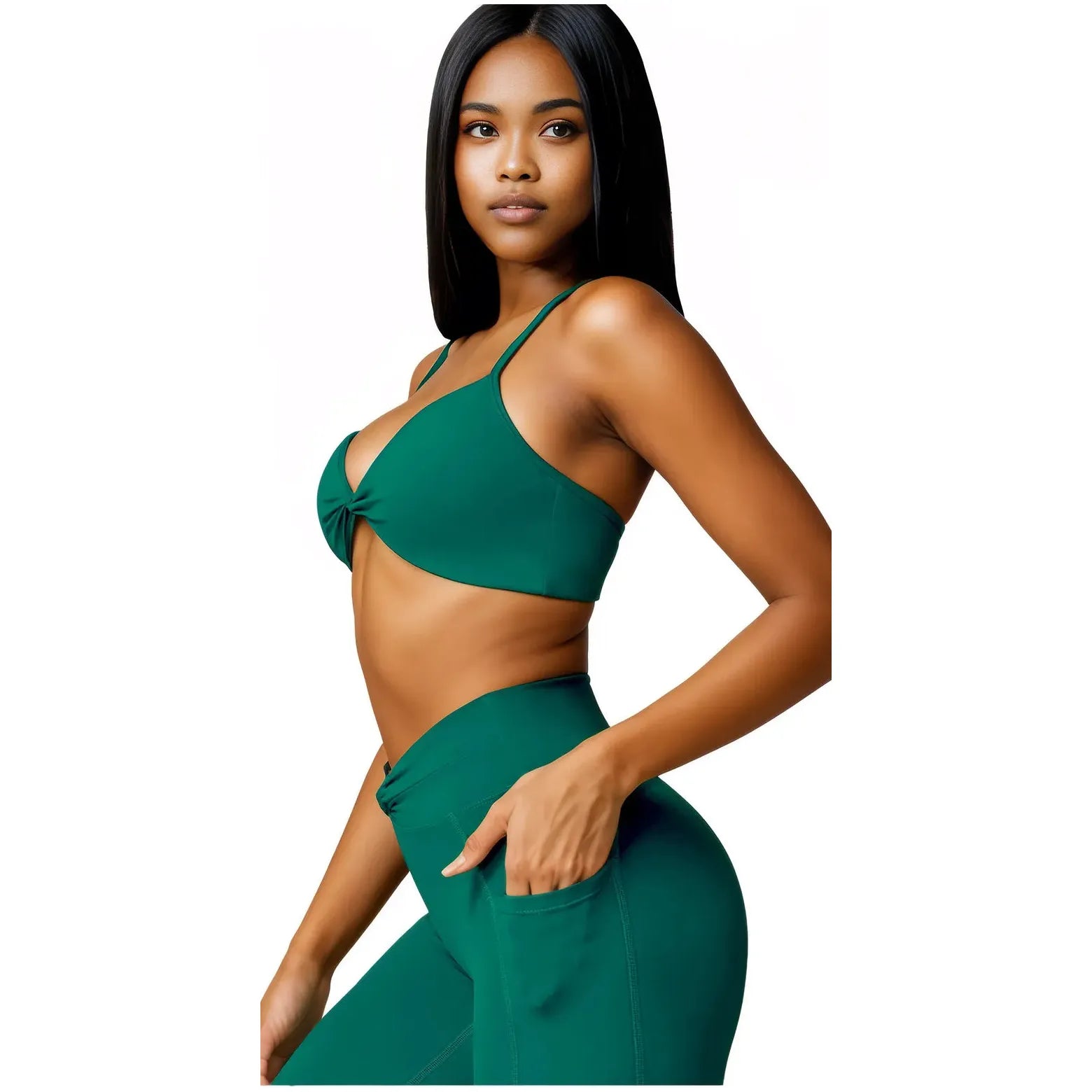 Xooie Fit women's two-piece workout set in green featuring a stylish cropped top and high-waisted leggings