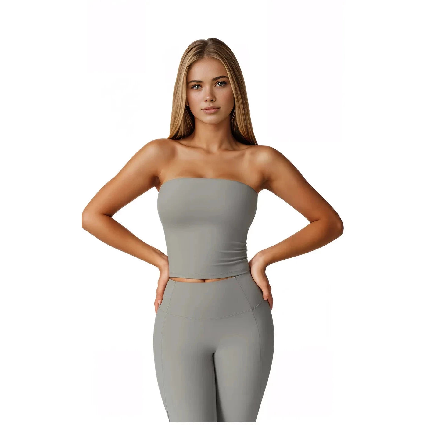 Women's two-piece workout set in gray featuring a strapless top and matching leggings for comfort