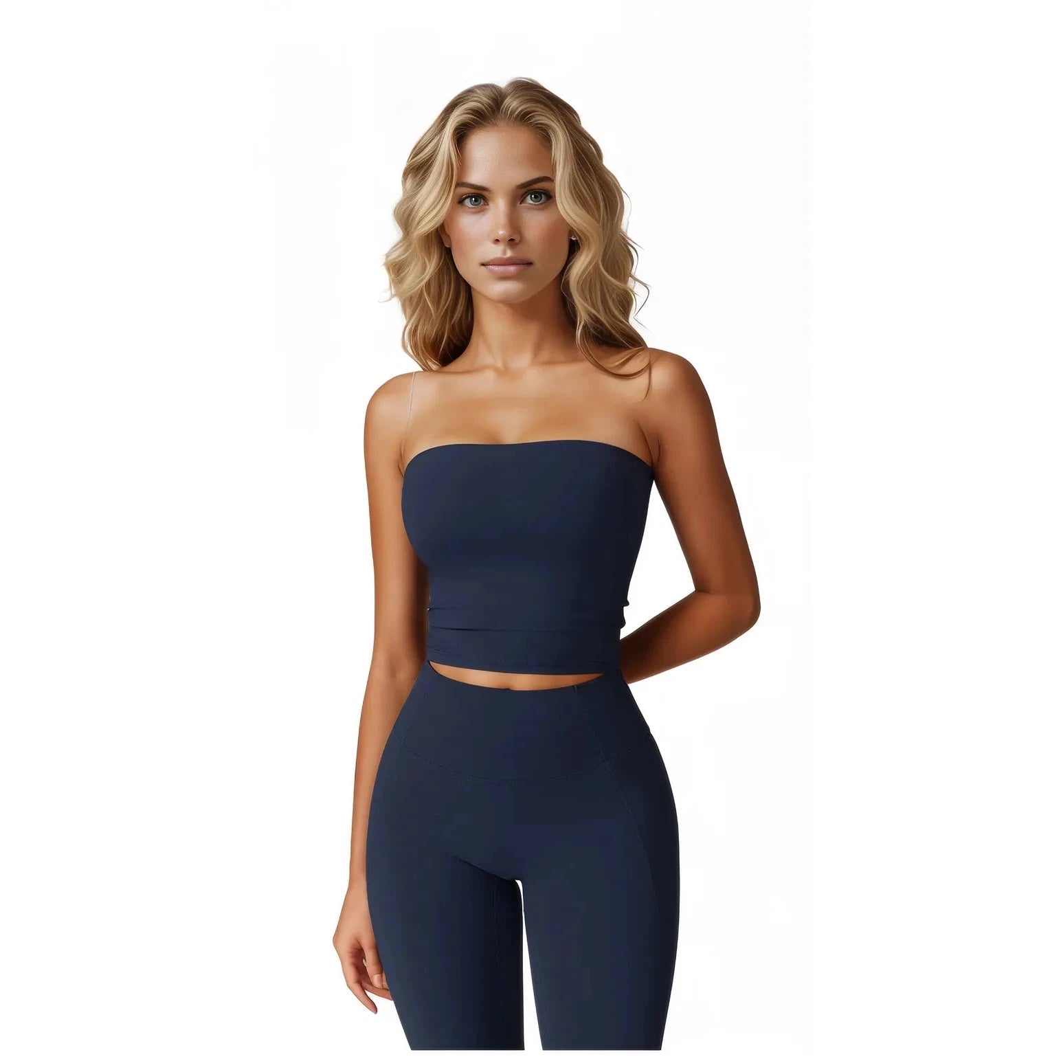 Xooie Fit Women's Two-Piece Workout Set in Navy with a Strapless Top and High-Waisted Leggings