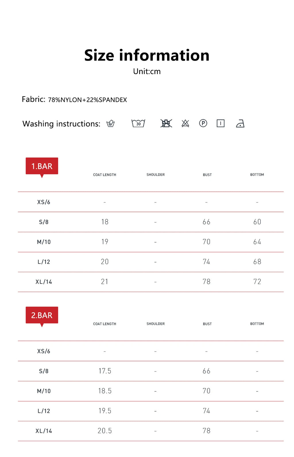 Xooie Fit women's two-piece workout set size information table with measurements and fabric details