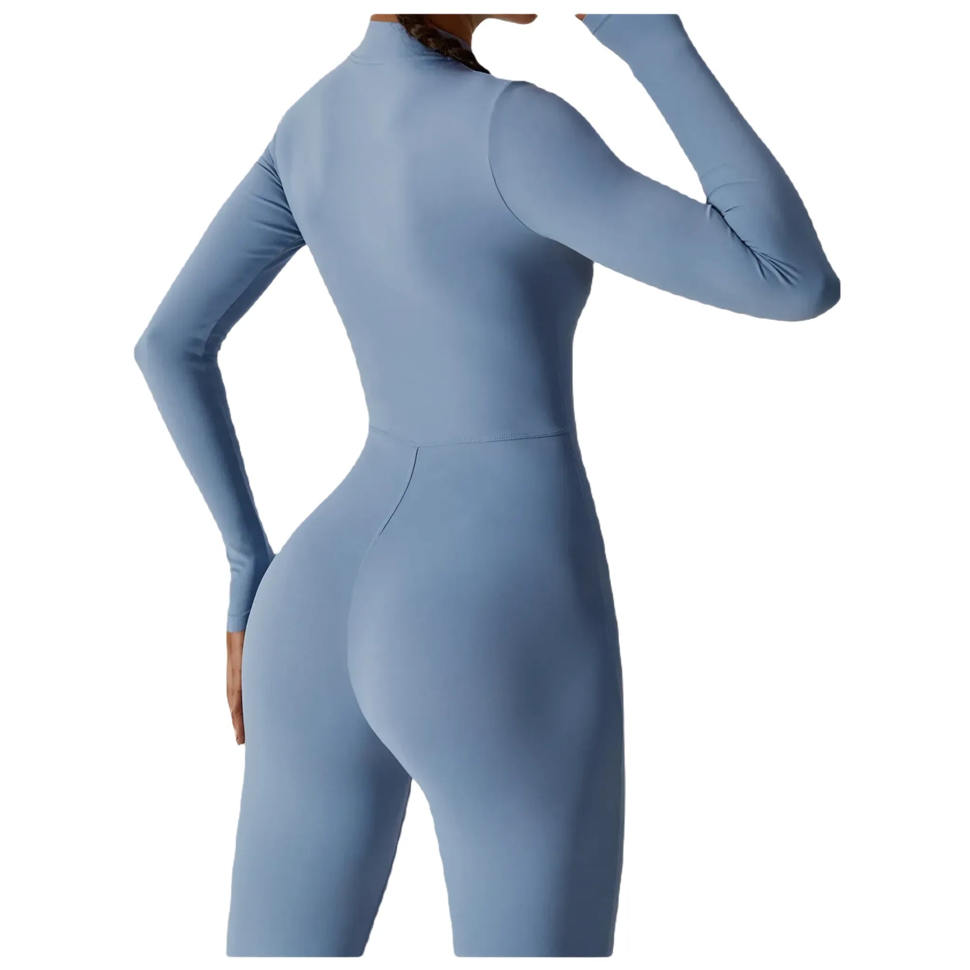 Xooie Fit women's zippered workout jumpsuit in light blue with a fitted design for comfort and style