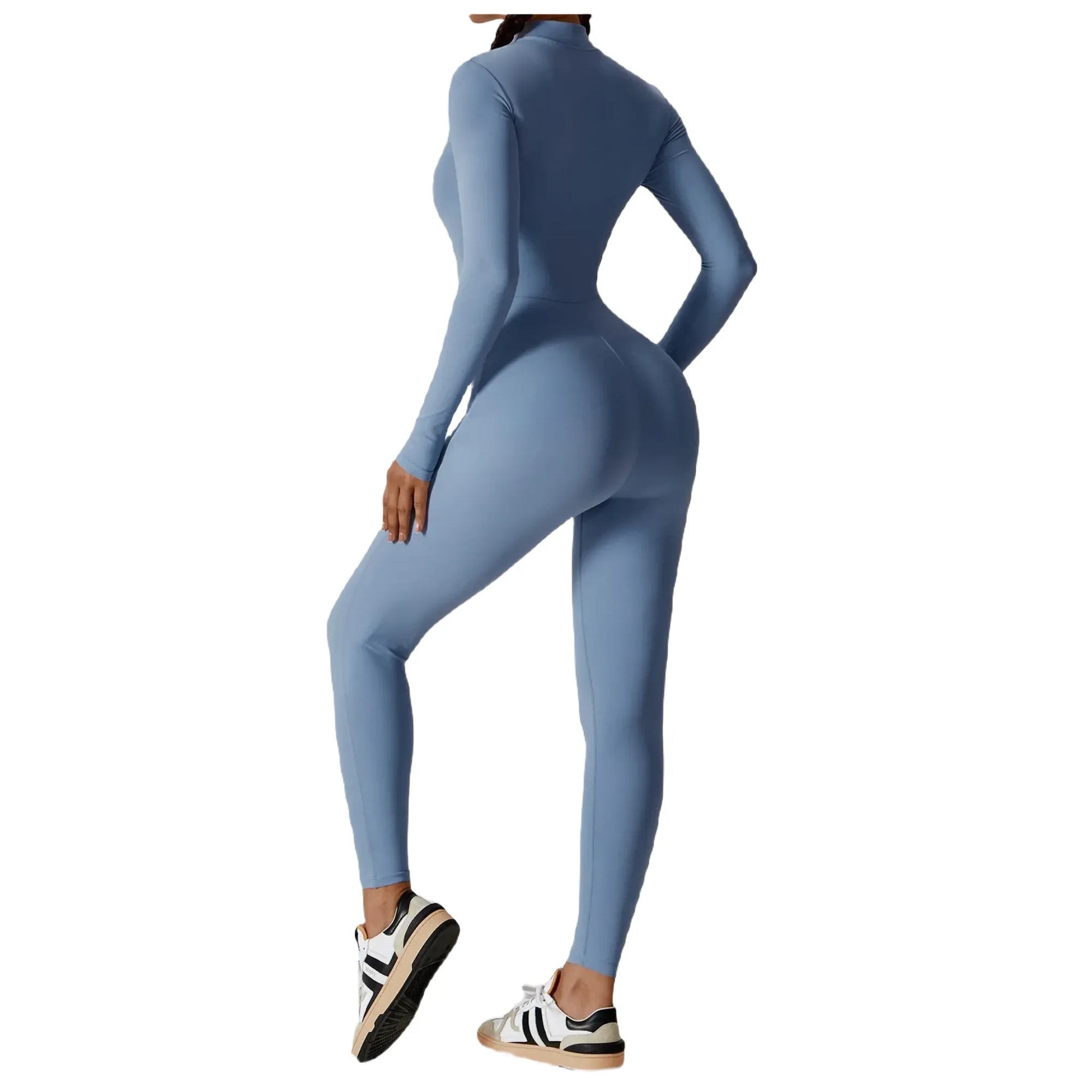 Women's zippered workout jumpsuit in blue with long sleeves and a sleek fit for activewear enthusiasts