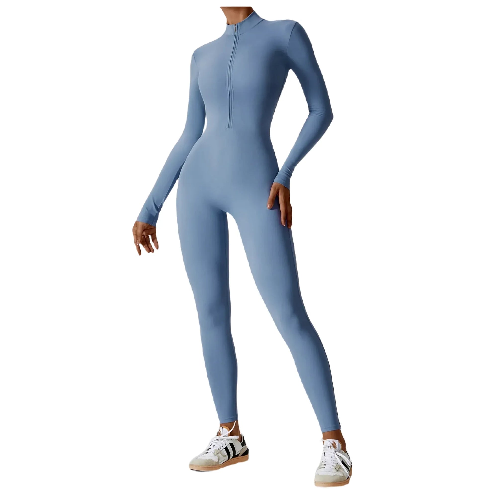 Xooie Fit women's zippered workout jumpsuit in blue for comfortable and stylish fitness activities