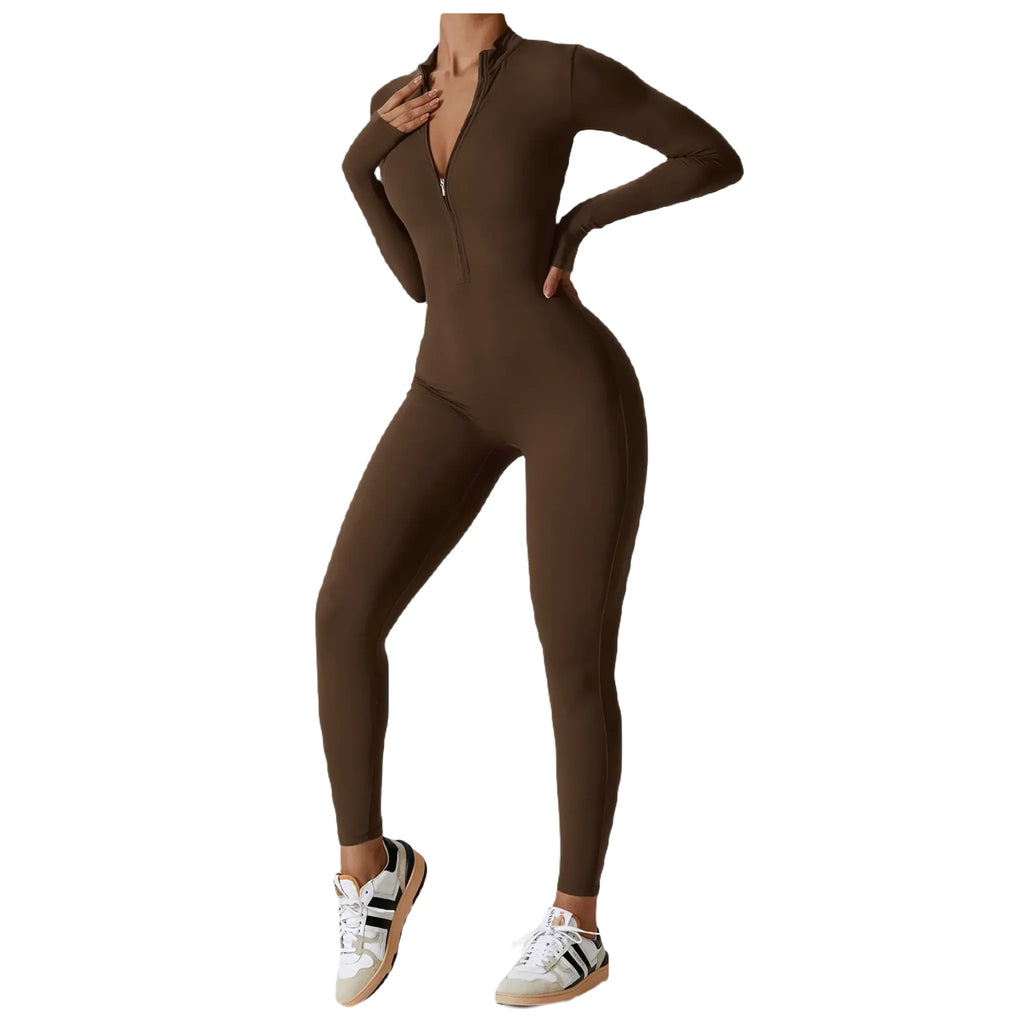 Xooie Fit women's zippered workout jumpsuit in brown, perfect for activewear and fitness routines front