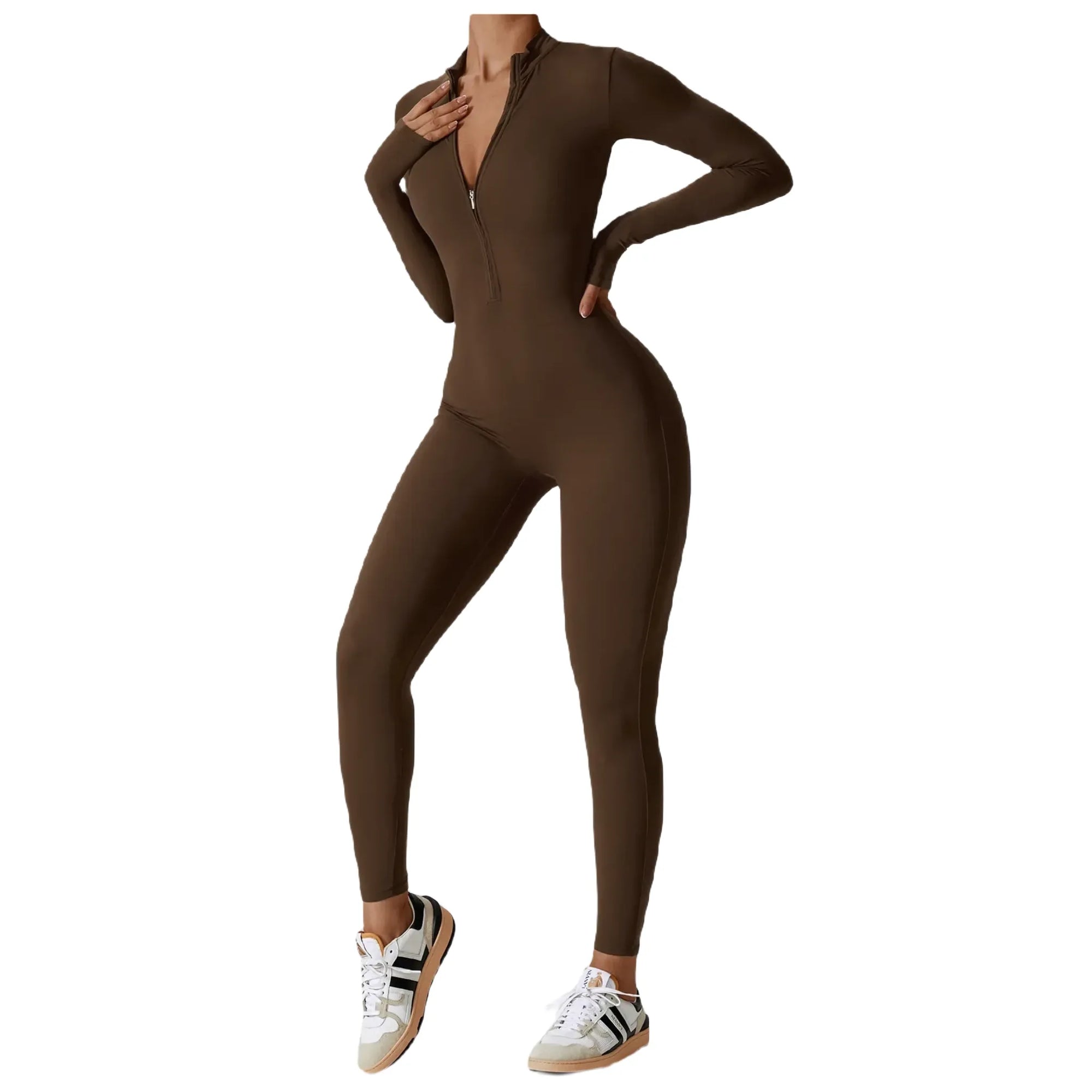 Xooie Fit women's zippered workout jumpsuit in brown, perfect for activewear and fitness routines front