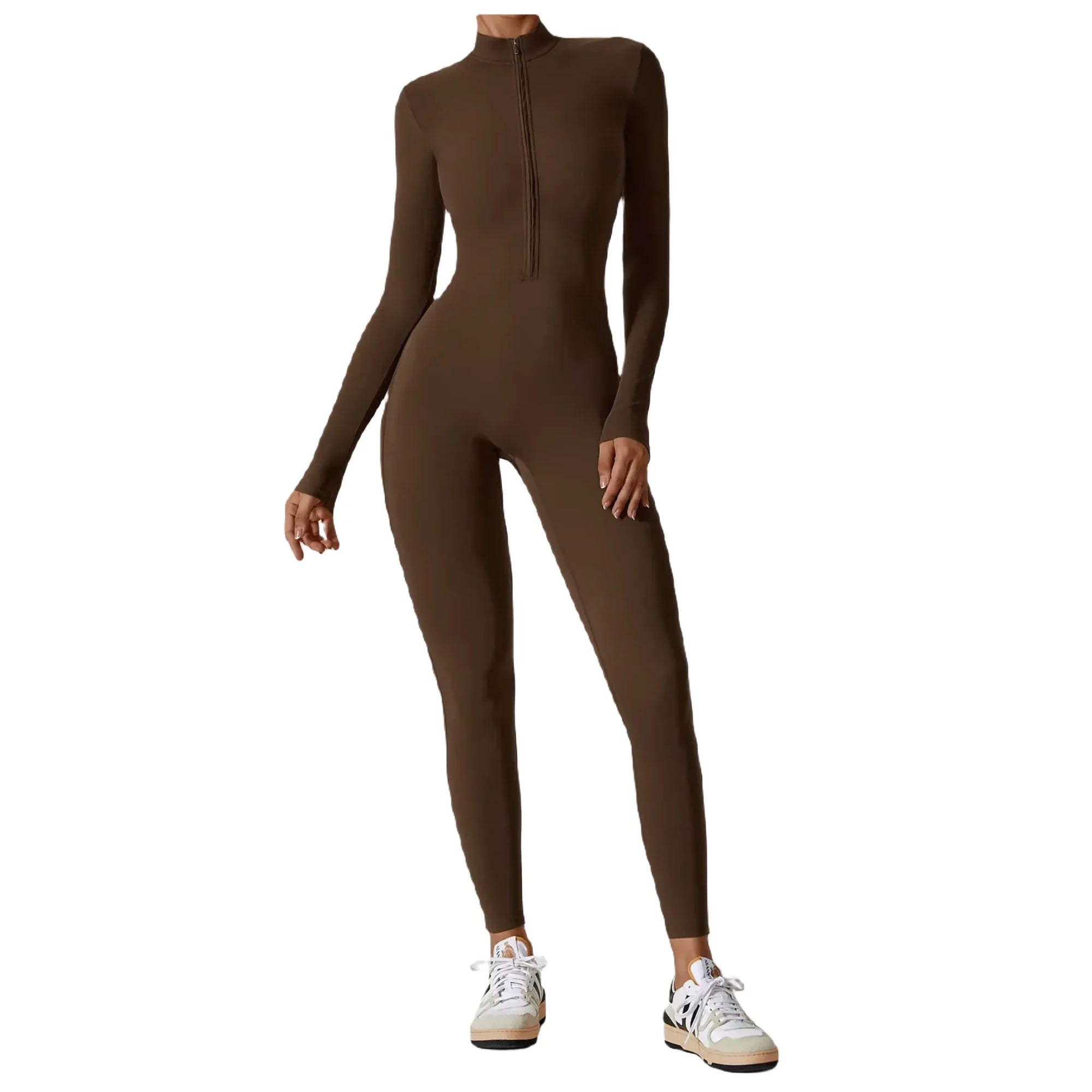 Xooie Fit women's zippered workout jumpsuit in brown, perfect for activewear and fitness routines close up 2