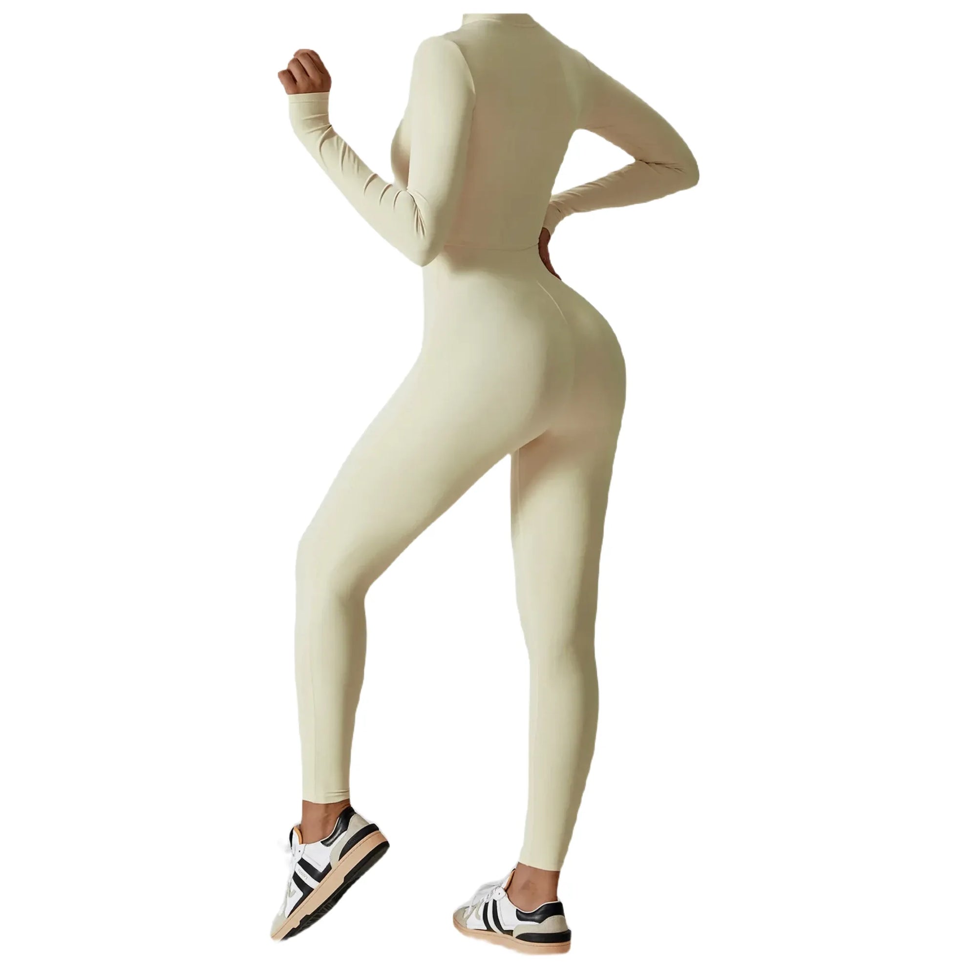 Xooie Fit women's zippered workout jumpsuit in cream, perfect for activewear and fitness routines