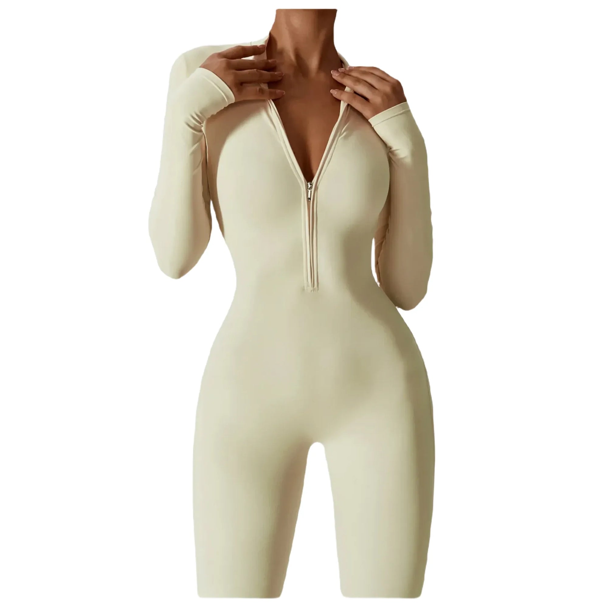 Xooie Fit women's zippered workout jumpsuit in cream, perfect for activewear and fitness routines close up